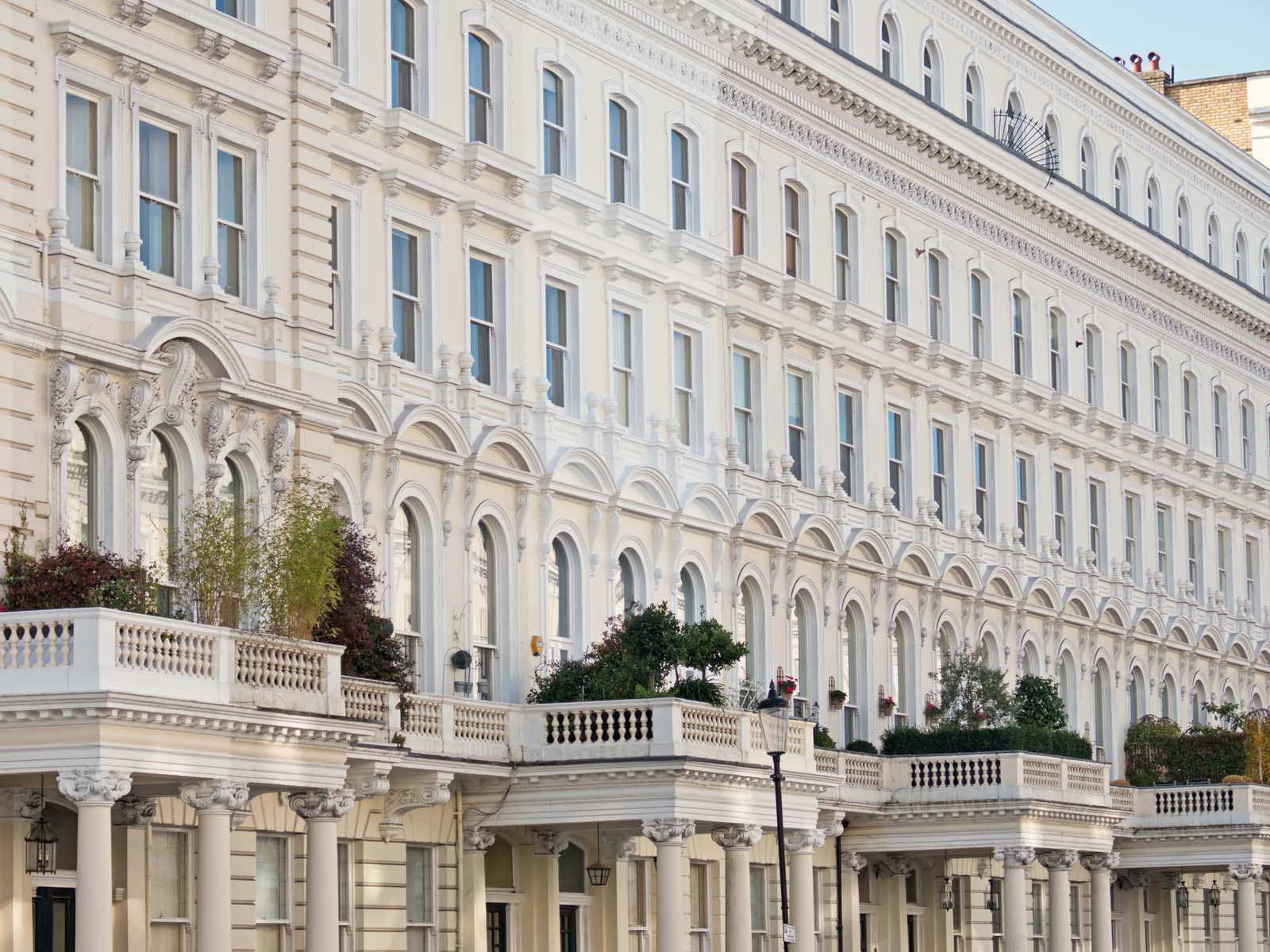 A section of terraced Georgian housing converted into apartments in west central London