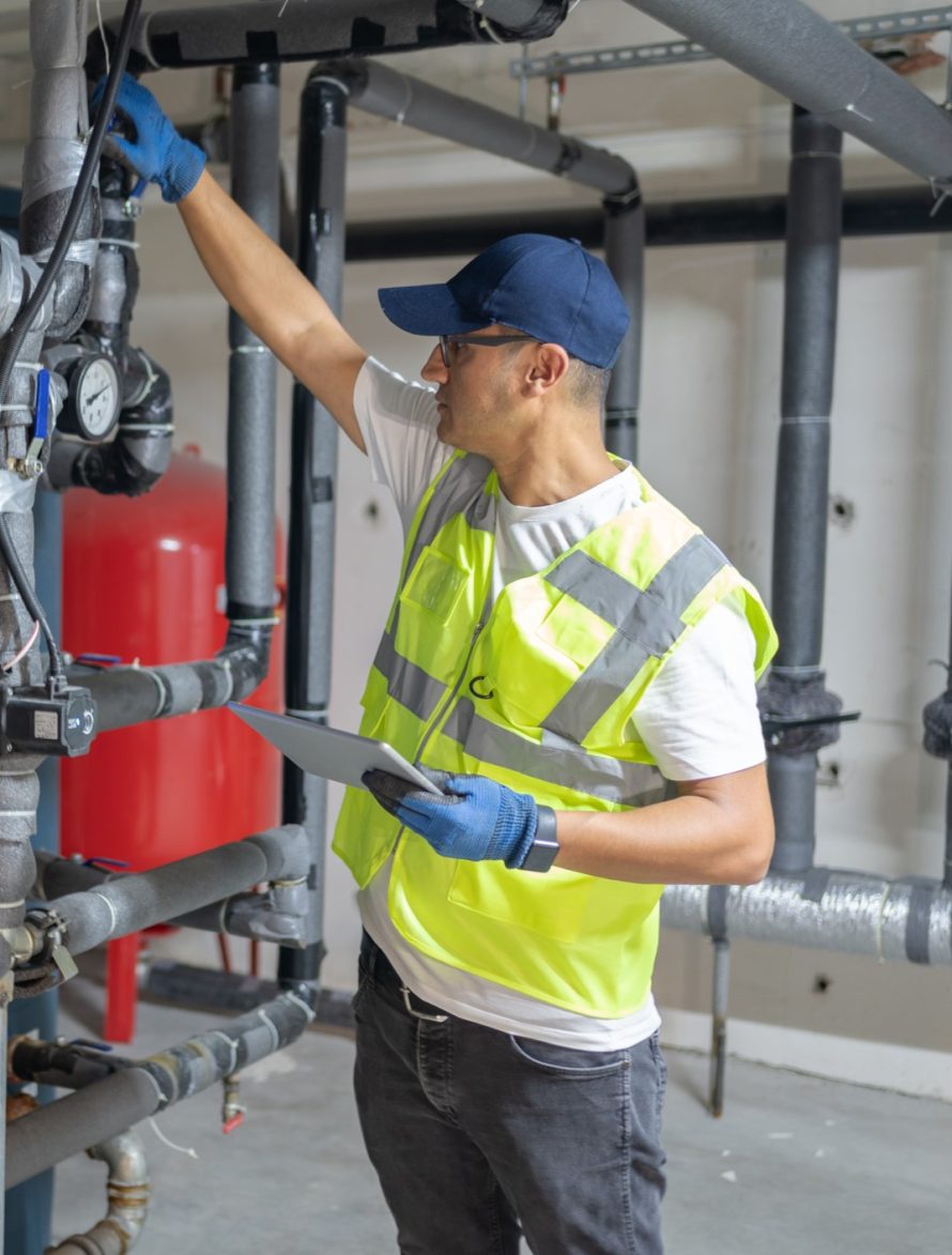 Technician inspecting pipes and using a tablet.