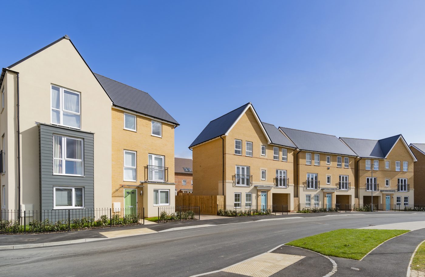 Row of new three-story homes in England.