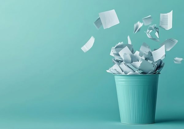 Teal bin overflowing with crumpled paper; pieces flying.