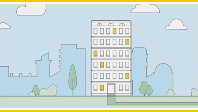 Illustration of apartment building with utilities, in a city setting.