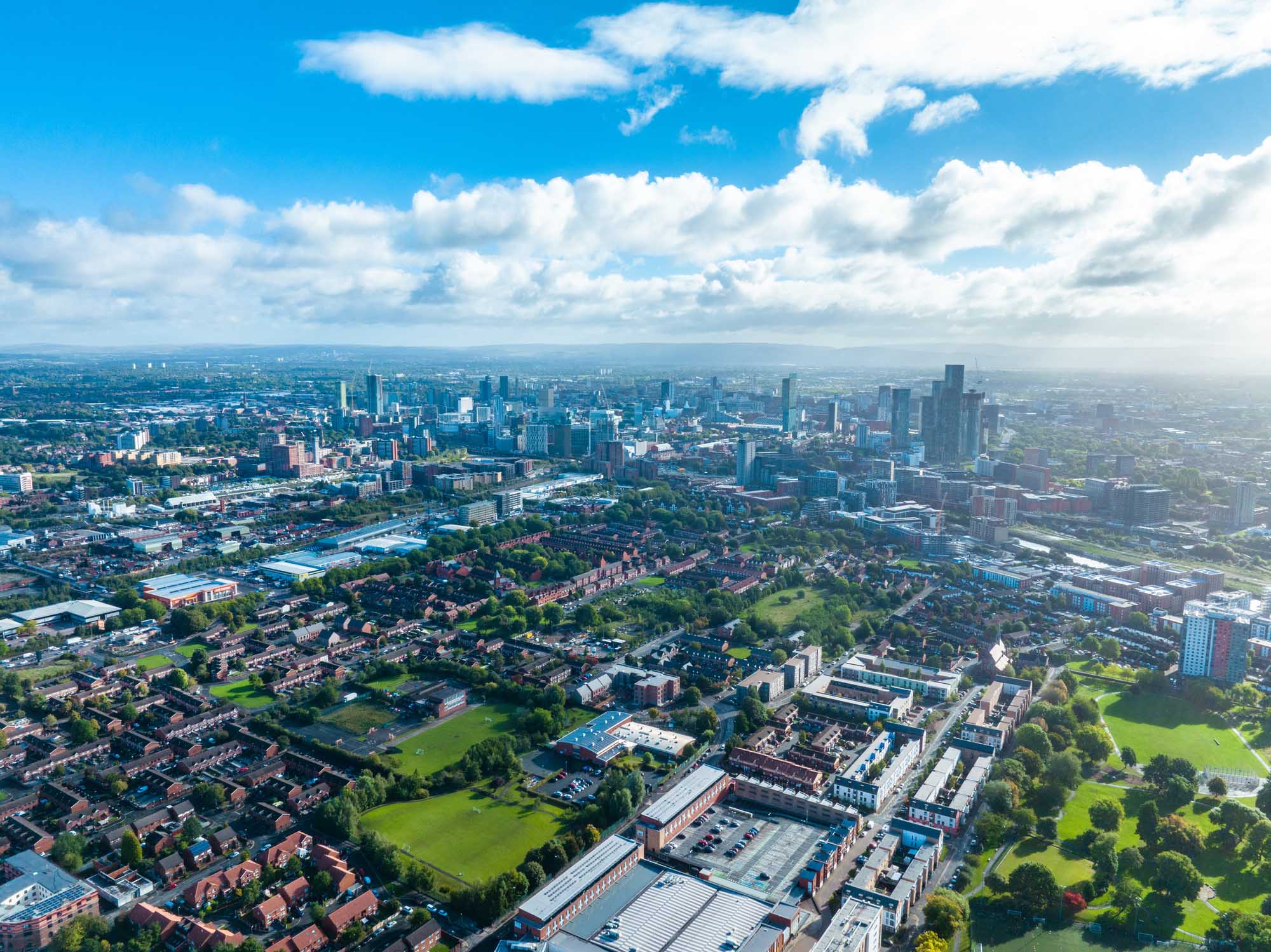 Aerial view of Manchester, UK cityscape.