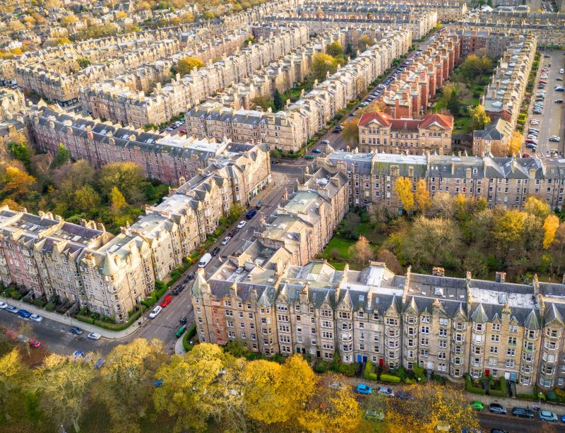 Aerial view of Edinburgh, Scotland, residential buildings.