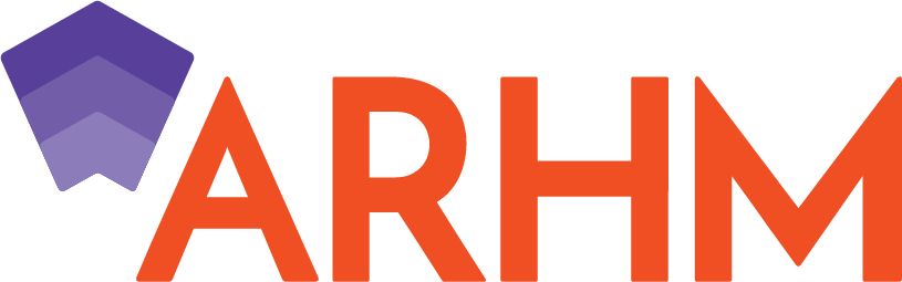 ARHM logo: orange lettering with a purple geometric shape.