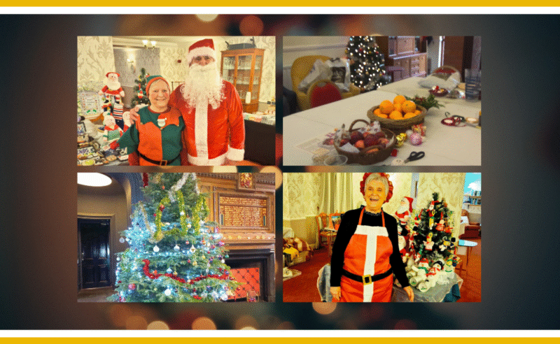 Collage of Christmas scenes: Santa, elves, decorated trees, and festive crafts.