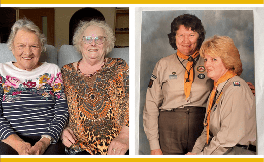 Two women, then and now;  one image shows them older, the other younger in uniform.