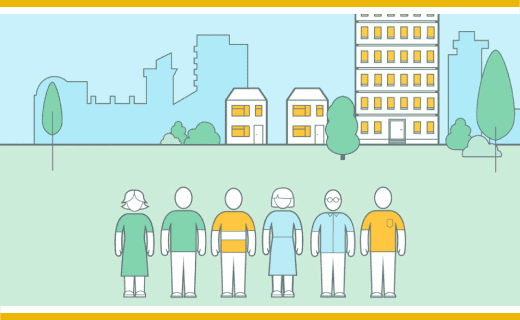 Illustration: Six people standing before apartment buildings.