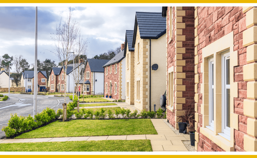 Row of new homes on a residential street.